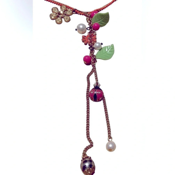 BETSEY JOHNSON Vintage Y-Drop Double-Strand Gold Beaded Charm Necklace NEW NWT - Picture 4 of 8